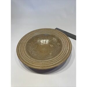 handmade speckled stoneware bowl With Wide Rim And Botanical Motif 8.25"